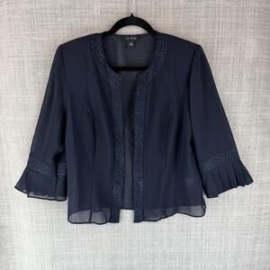 Le Bos Jacket Womens 12 Blue Mid-Length Lined Sheer Pleated Sequin Open
